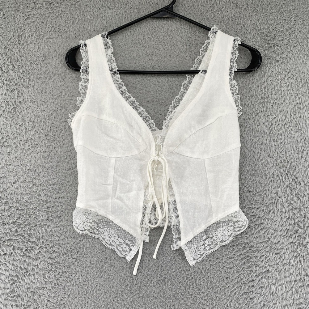 Nothing Fits But Tank Top Womens Medium White Linen Lace Maternity Tie Front